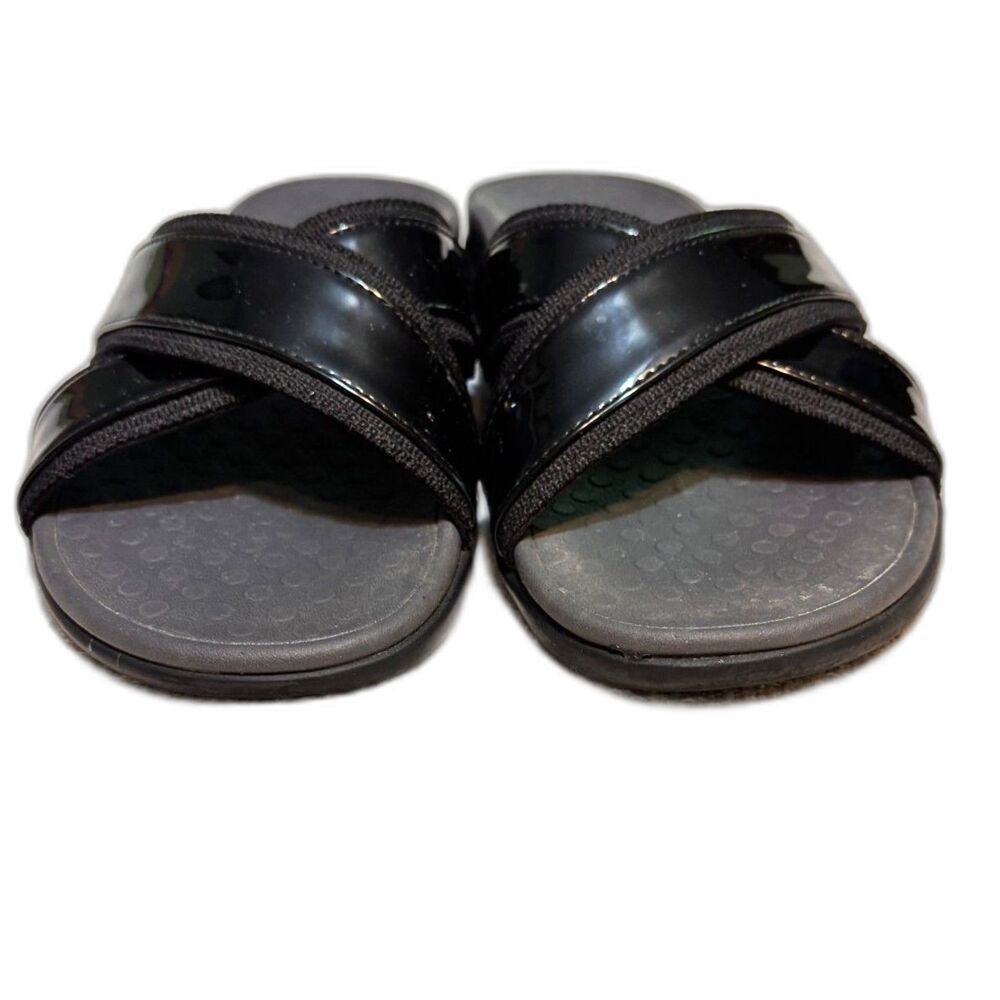 Vionic Merced Black Patent Criss Cross Slide Sandals Women’s Size 8